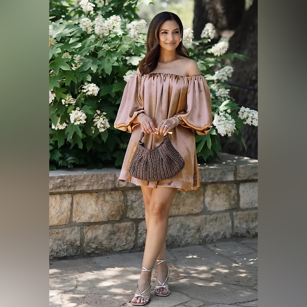 NWT @heynasreen x Mare Mare Off-The-Shoulder Puff-Sleeve Shine Mini Dress